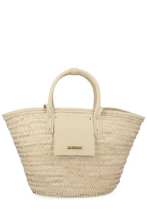 Beige woven straw tote bag with leather handles and jacquemus logo patch in jacquemus womens borsa soli beige