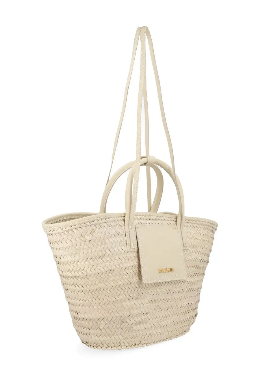 Jacquemus women’s borsa soli beige woven straw tote bag with leather handles and matching leather tag