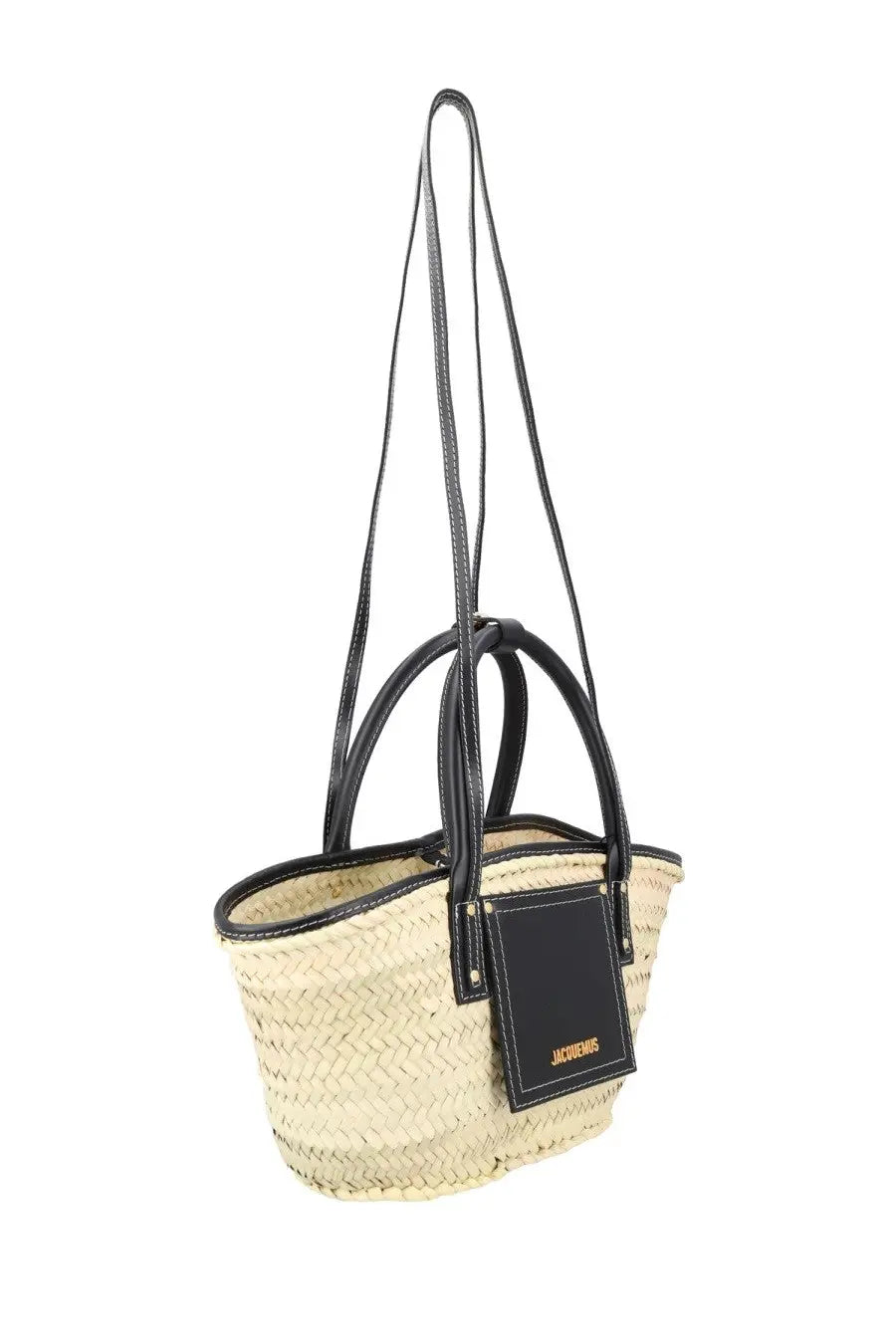 Jacquemus women’s borsa soli black beige woven straw tote bag with black leather handles strap and branded tag