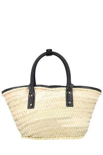 Jacquemus women’s borsa soli black beige woven straw tote bag with black leather handles and trim