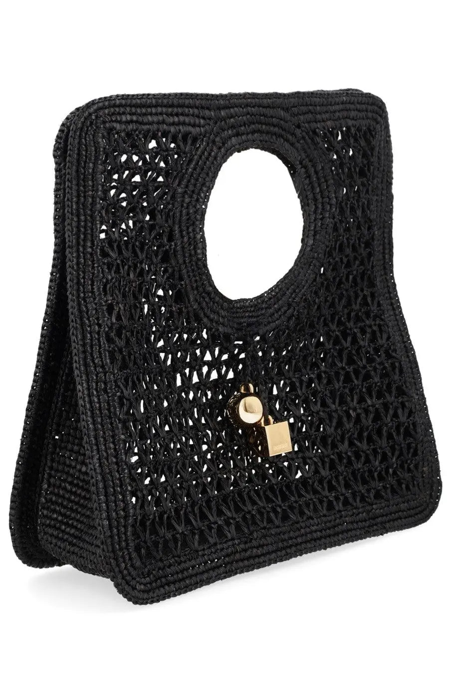 Jacquemus women’s borsa spiaggia small black woven straw handbag with circular handle and gold-tone padlock clasp