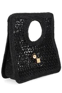 Jacquemus women’s borsa spiaggia small black woven straw handbag with circular handle and gold-tone padlock clasp