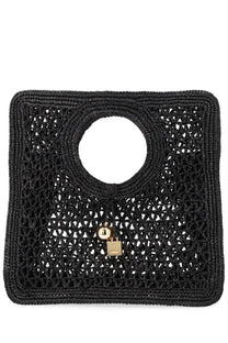 Jacquemus women’s borsa spiaggia small black woven straw tote bag with circular handle and gold-tone lock charm