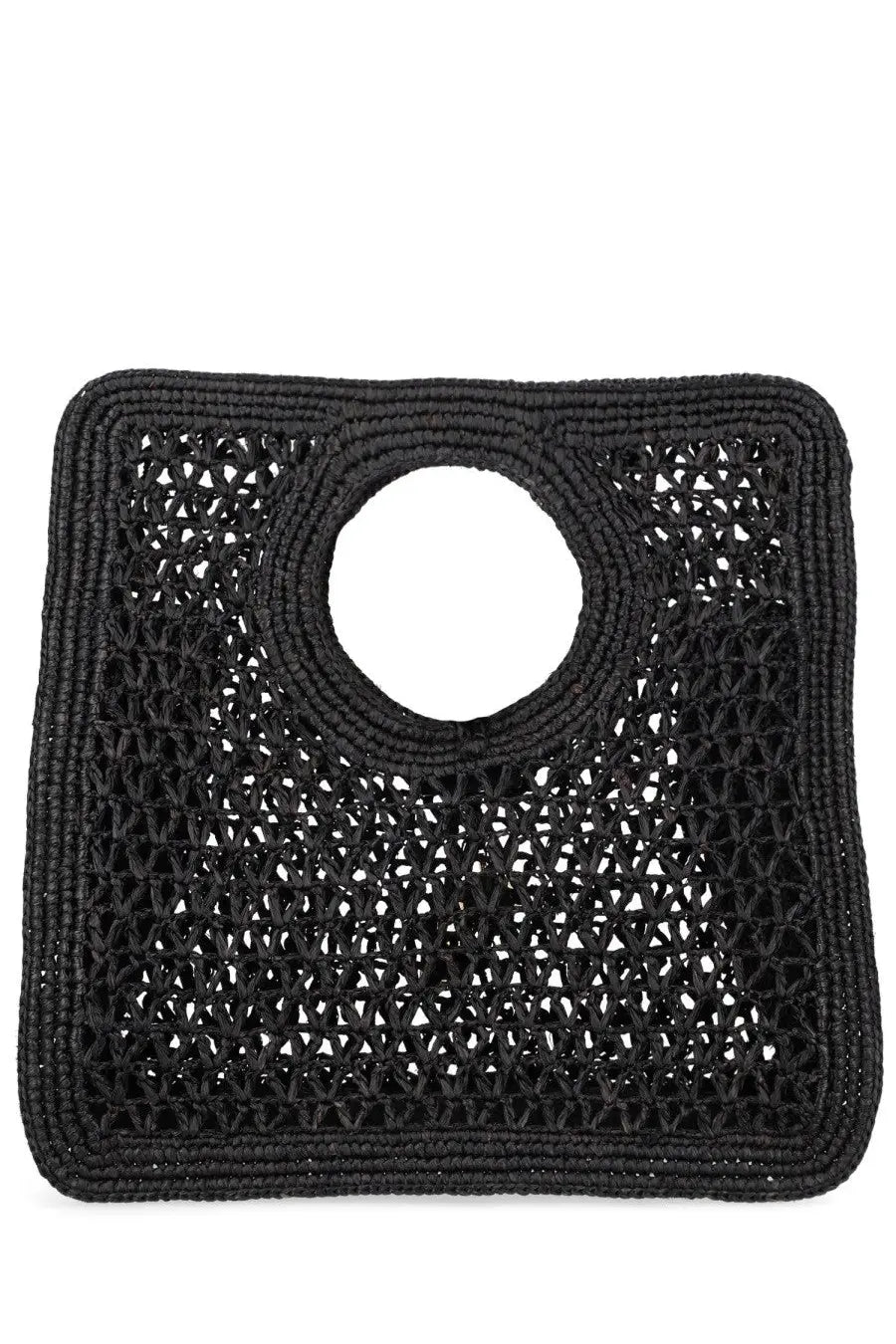 Jacquemus women’s black woven straw tote bag with circular handle and geometric lattice pattern for beach use