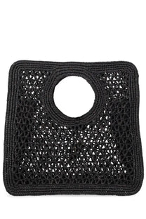 Jacquemus women’s black woven straw tote bag with circular handle and geometric lattice pattern for beach use