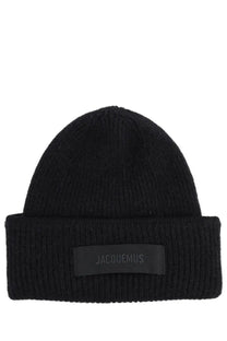 Jacquemus women’s the cap black ribbed knit beanie with folded cuff and dark gray jacquemus label