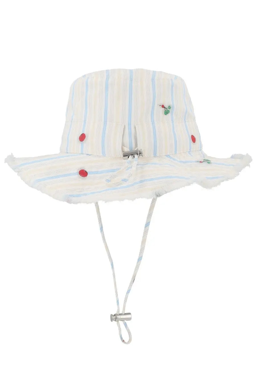 Jacquemus women’s cappello artichaut bucket hat with white and light blue stripes red buttons floral embroidery and drawstring