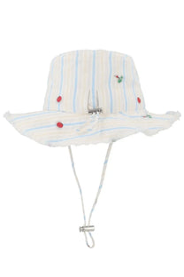 Jacquemus women’s cappello artichaut bucket hat with white and light blue stripes red buttons floral embroidery and drawstring