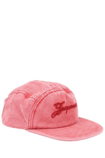Pink denim five-panel cap with embroidered red supreme logo from Jacquemus women’s Cappello LA Casquette Gardian Con Red collection