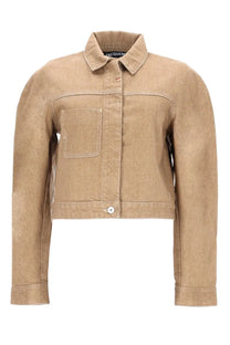 Jacquemus women’s cargo jacket in ovalo beige denim with classic collar and front button closure