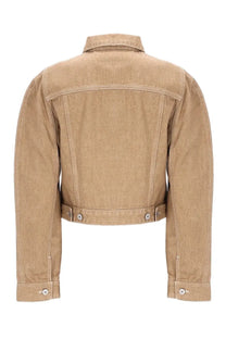 Beige denim cropped jacket by Jacquemus featuring classic buttoned cuffs and collar in the Ovalo cargo style