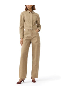 Jacquemus women’s beige denim jumpsuit with button-up collar and front pockets in ovalo cargo jacket style