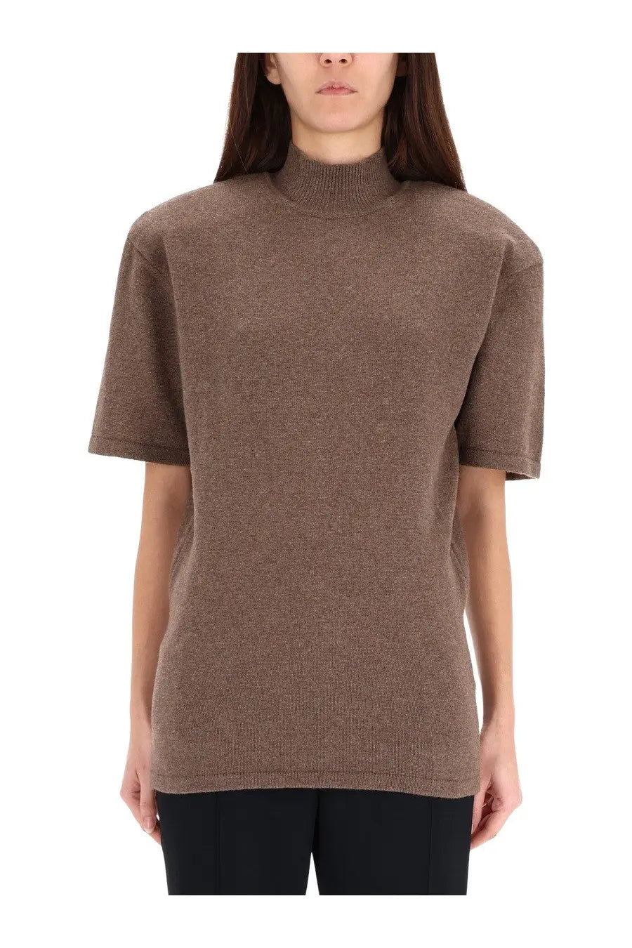 Jacquemus women’s chestnut jersey brown knit turtleneck top with relaxed fit and short sleeves