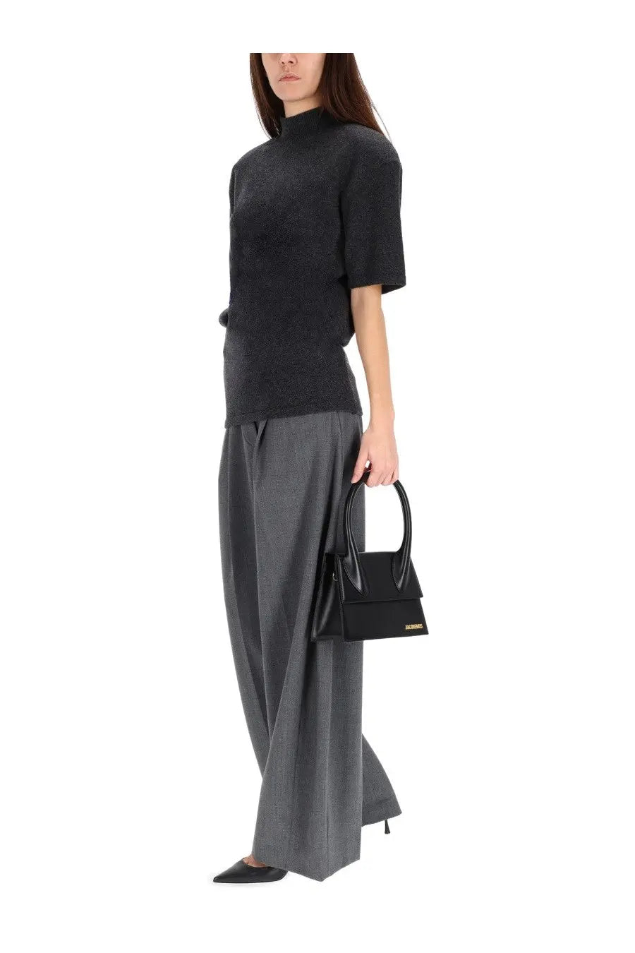 Black leather mini handbag with structured design and gold-tone hardware from Jacquemus chestnut jersey grey collection