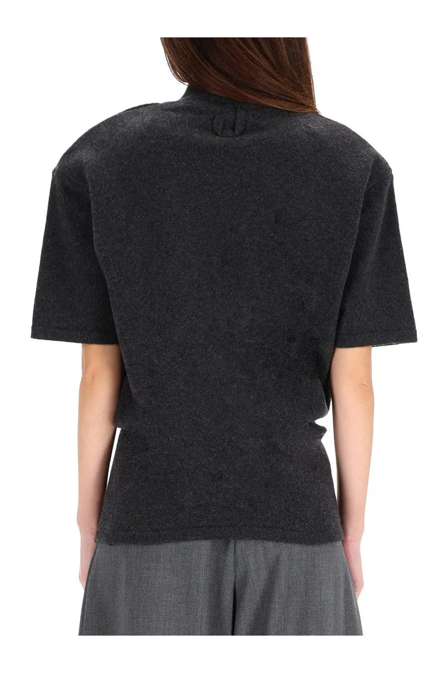 Jacquemus women’s chestnut jersey grey black textured short-sleeved top with relaxed fit and ribbed neckline detailing