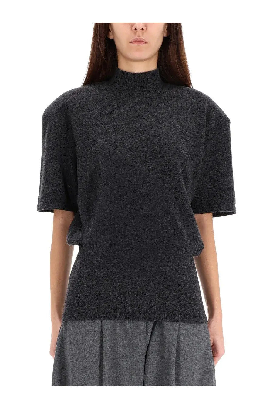 Jacquemus women’s chestnut jersey grey dark gray textured knit top with high neckline and short sleeves