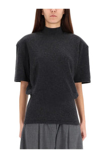 Jacquemus women’s chestnut jersey grey dark gray textured knit top with high neckline and short sleeves