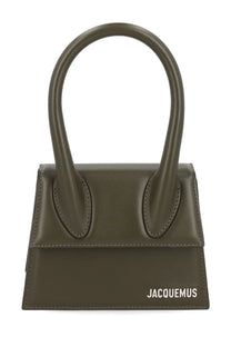 Olive green leather mini handbag with rounded top handles and white jacquemus branding for women