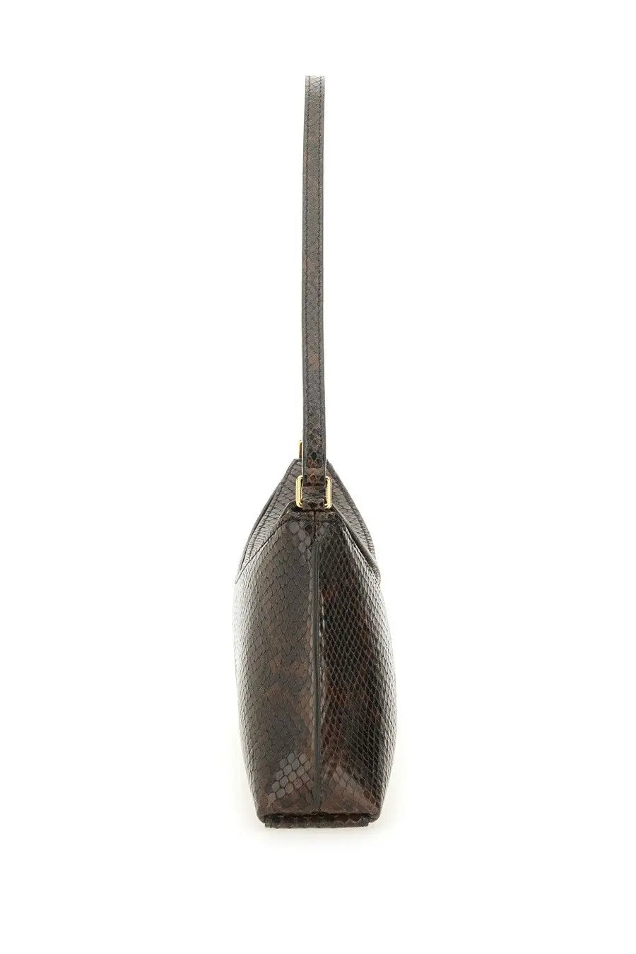 Jacquemus women’s clutch bag ovalo brown with dark brown snake-skin texture slender shoulder strap and gold-tone hardware