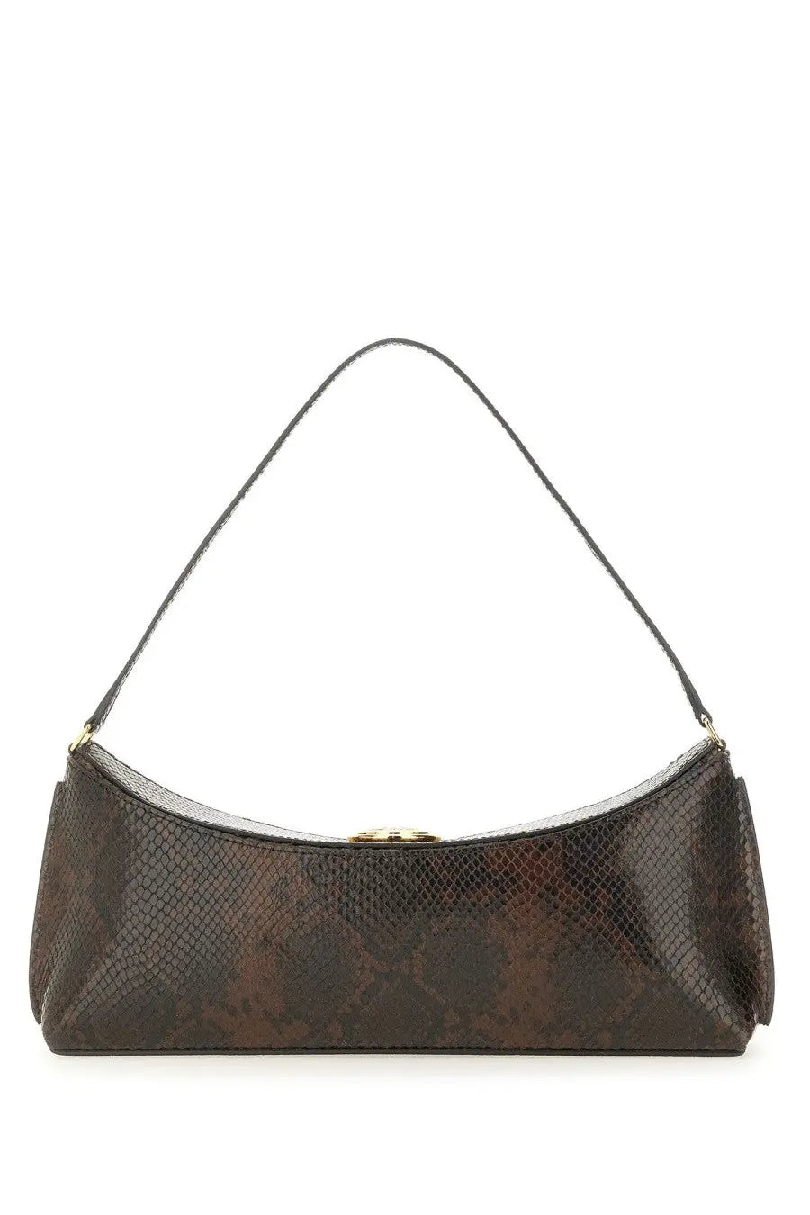 Jacquemus women’s clutch bag ovalo brown with a sleek dark brown snake print curved silhouette and gold-tone hardware