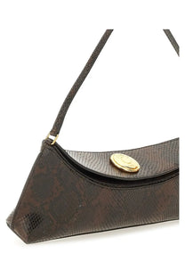 Jacquemus women’s clutch bag ovalo brown featuring brown snake-print leather and gold-tone circular clasp
