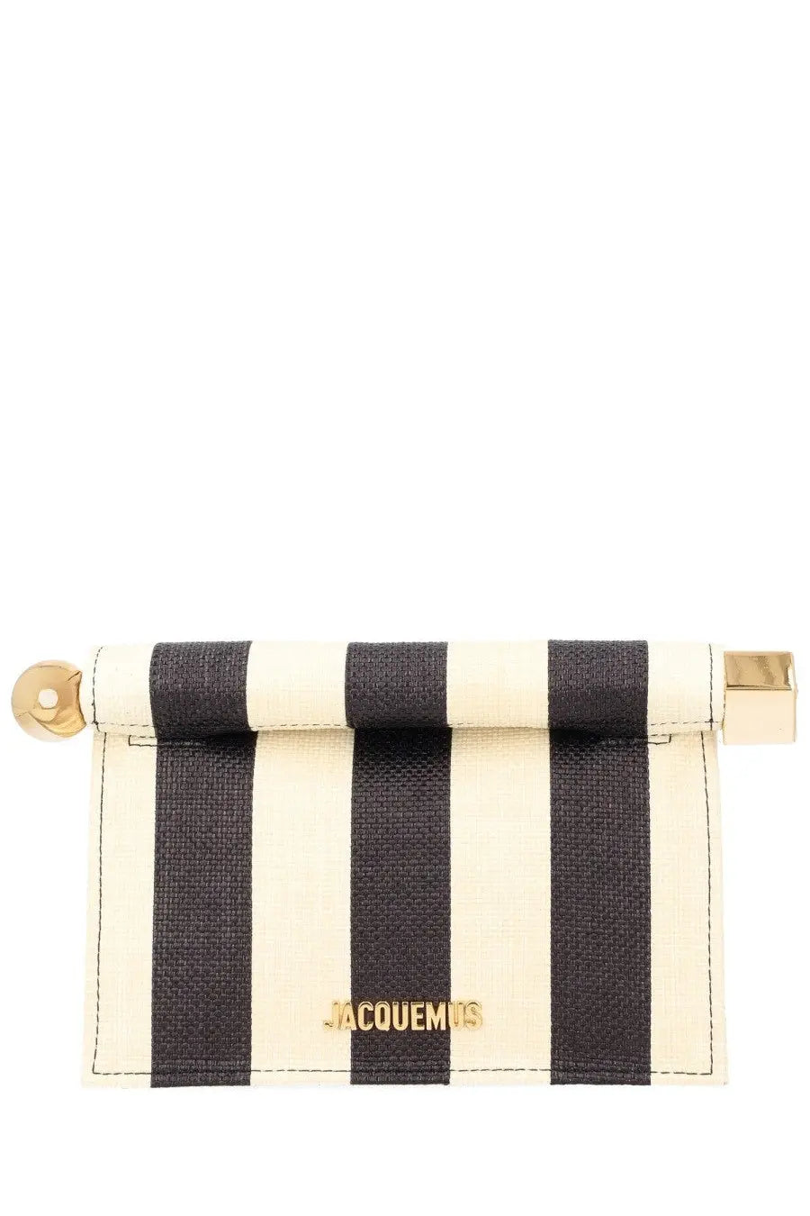 Jacquemus women’s clutch bag rond carré small beige with black and cream striped jacquemus card holder textured fabric and gold hardware