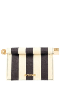 Jacquemus women’s clutch bag rond carré small beige with black and cream striped jacquemus card holder and gold hardware