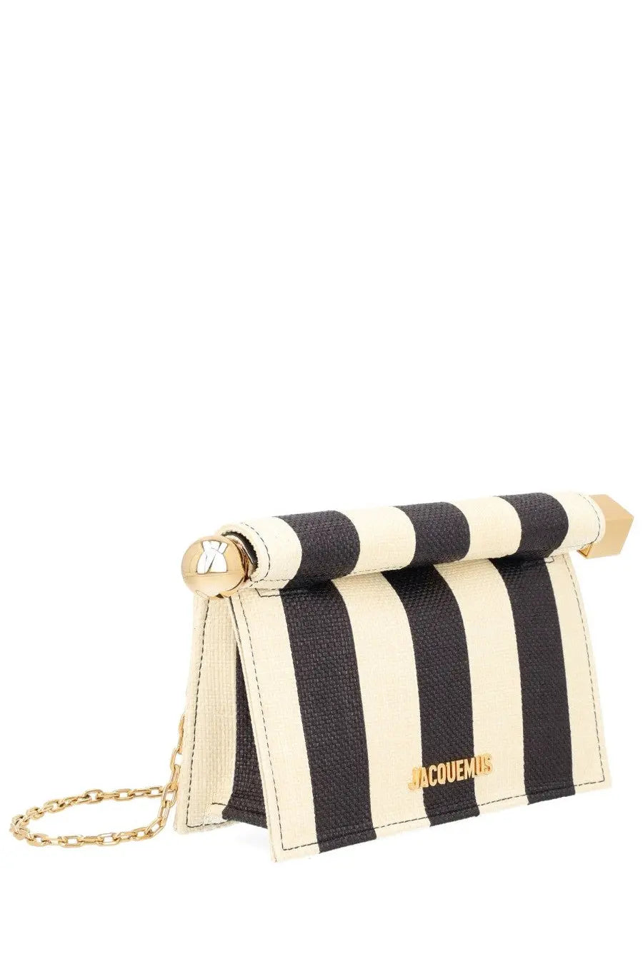 Jacquemus women’s clutch bag rond carré small beige with black and cream stripes and gold-tone hardware
