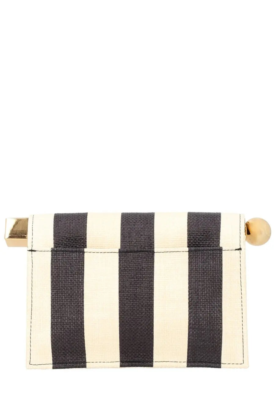 Jacquemus women’s rond carré small beige clutch bag with bold black and cream striped textured fabric and gold hardware