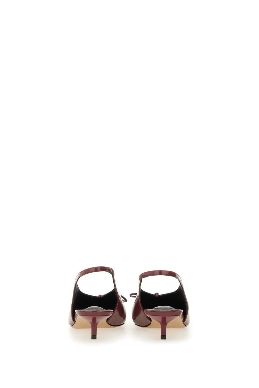 Back view of burgundy patent leather jacquemus womens the cubisto slingbacks mules with small bow detail
