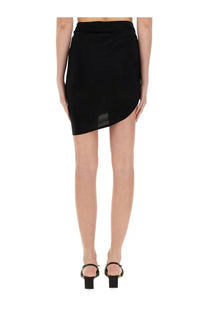 Jacquemus women’s black asymmetrical mini skirt with draped waistband and sheer panel detail