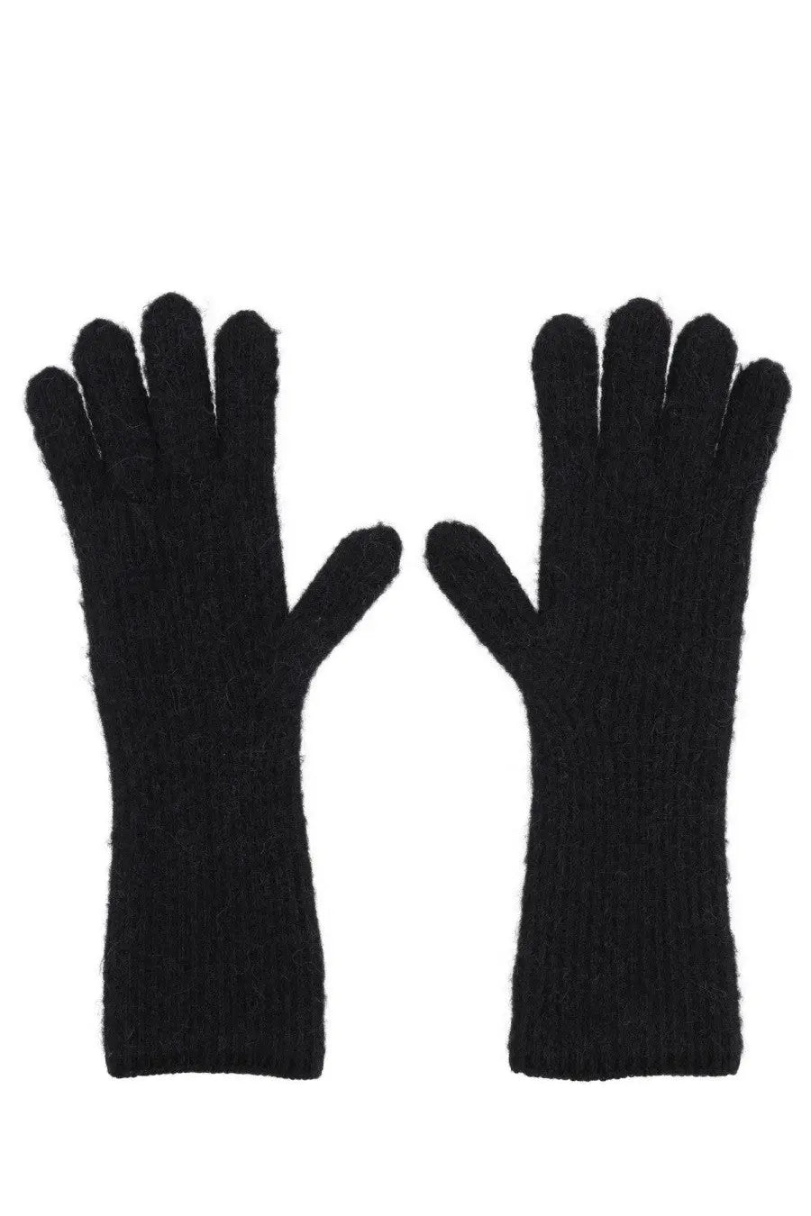 Black jacquemus women’s knitted gloves with a soft textured surface showing the back side of the gloves