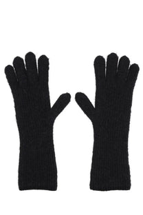 Black jacquemus women’s knitted gloves with a soft textured surface showing the back side of the gloves