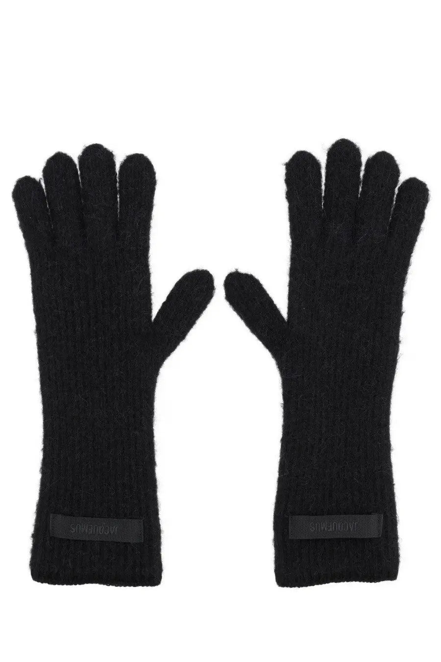 Jacquemus women’s black knitted gloves with textured fuzzy surface and ribbed cuffs with small brand labels back side