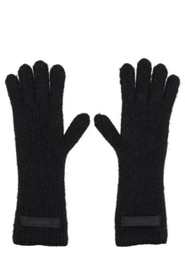 Jacquemus women’s black knitted gloves with textured fuzzy surface and ribbed cuffs with small brand labels back side
