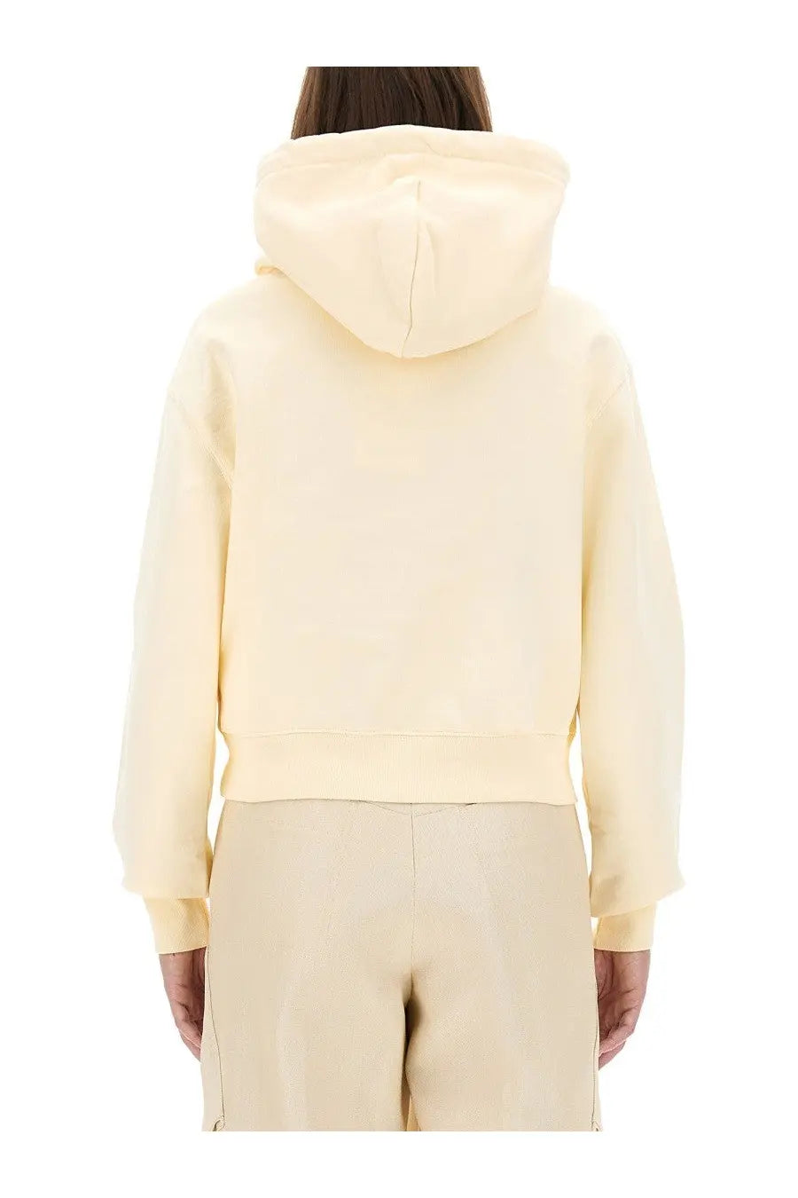 Jacquemus women’s the grosgrain hoodie beige cropped cream color soft cozy fabric relaxed fit front view