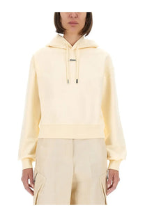 Jacquemus women’s the grosgrain hoodie beige cream-colored cropped with soft textured fabric and black-tipped drawstrings