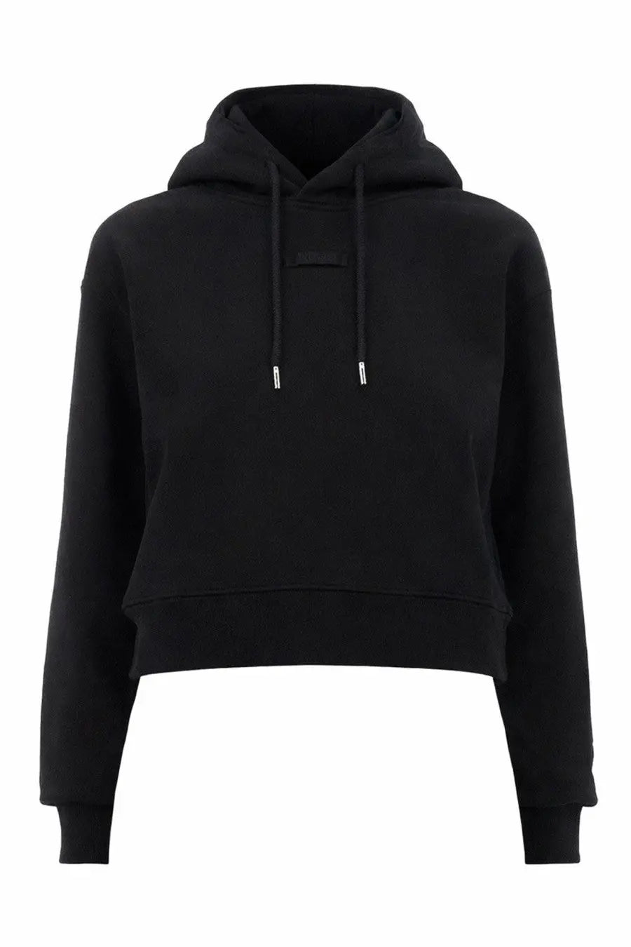 Jacquemus women’s the grosgrain hoodie black cropped hoodie with drawstrings and silver-toned aglets
