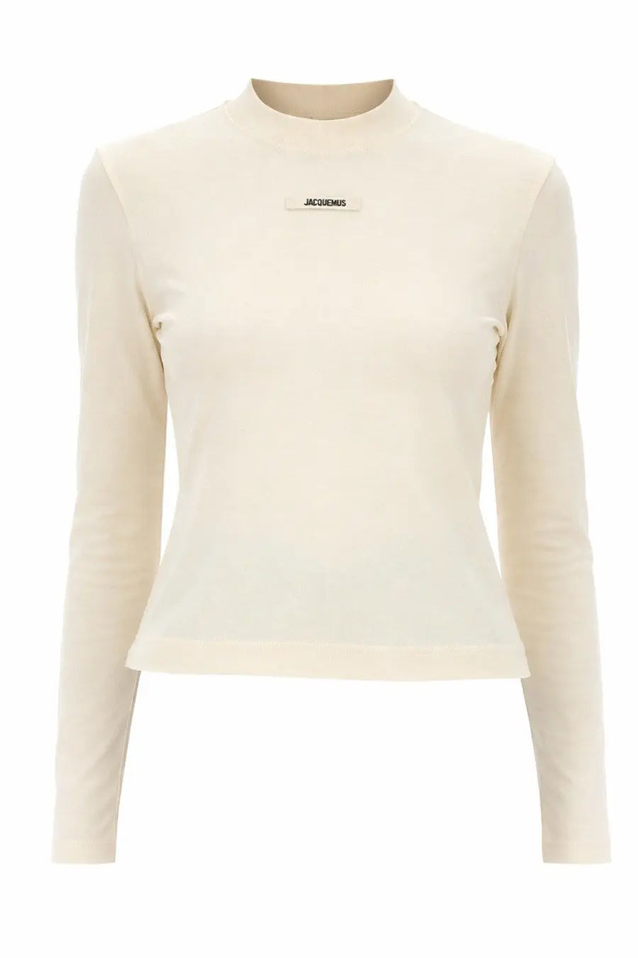 Jacquemus women’s the grosgrain beige long-sleeved shirt with subtle ribbed texture and minimalist logo patch at neckline