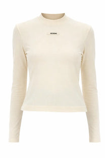 Jacquemus women’s the grosgrain beige long-sleeved shirt with subtle ribbed texture and minimalist logo patch at neckline