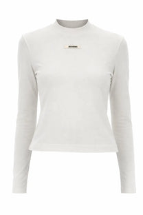 Jacquemus womens the grosgrain long sleeved shirt white minimalist white cotton top with crew neck and chest label