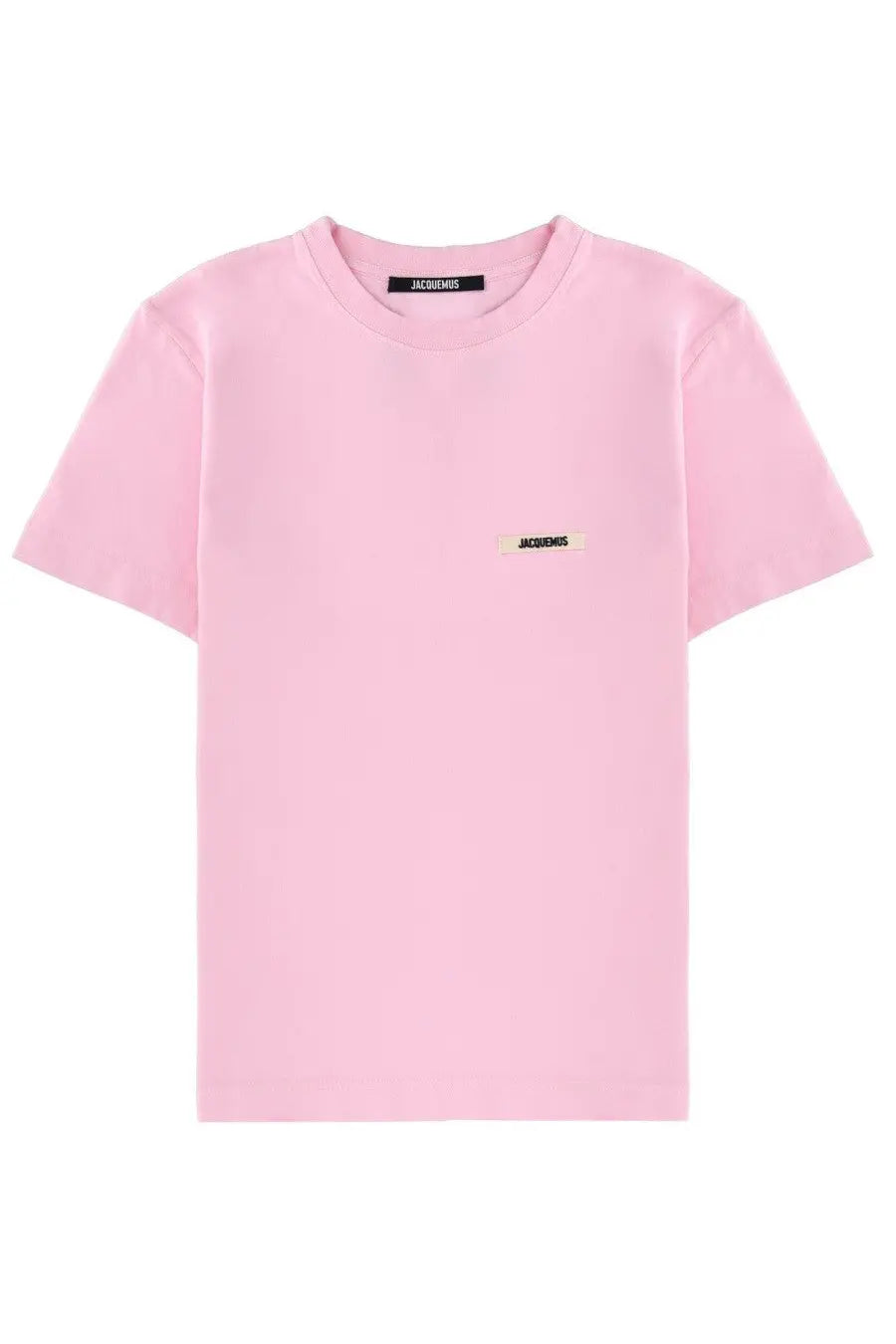 A soft pink minimalist jacquemus t-shirt with subtle brand labels on chest and neckline for casual wear