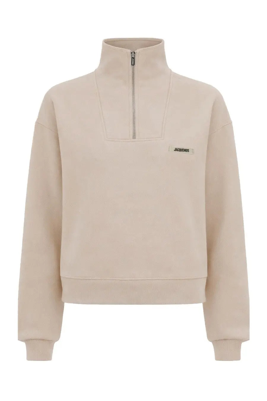 Beige jacquemus women’s grosgrain fleece sweatshirt with half-zip and small rectangular brand patch on left chest