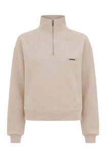 Beige jacquemus women’s grosgrain fleece sweatshirt with half-zip and small rectangular brand patch on left chest