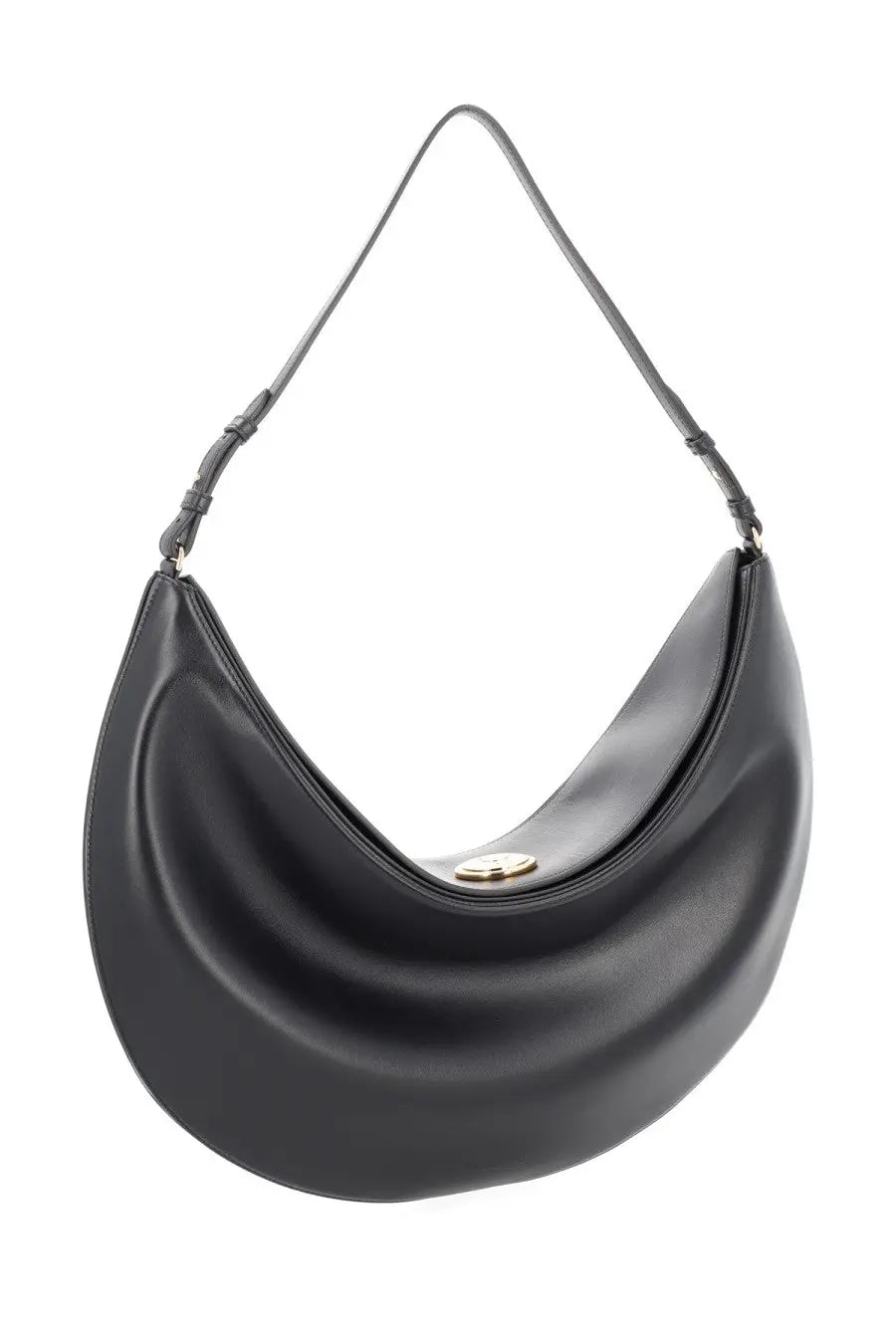 Jacquemus women’s black leather crescent shoulder bag with gold-tone circular clasp for stylish hobo carry