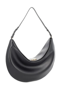 Jacquemus women’s black leather crescent shoulder bag with gold-tone circular clasp for stylish hobo carry