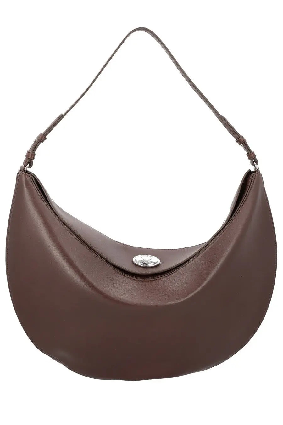 Jacquemus womens hobo bag ovalo large brown leather with silver circular clasp and adjustable strap