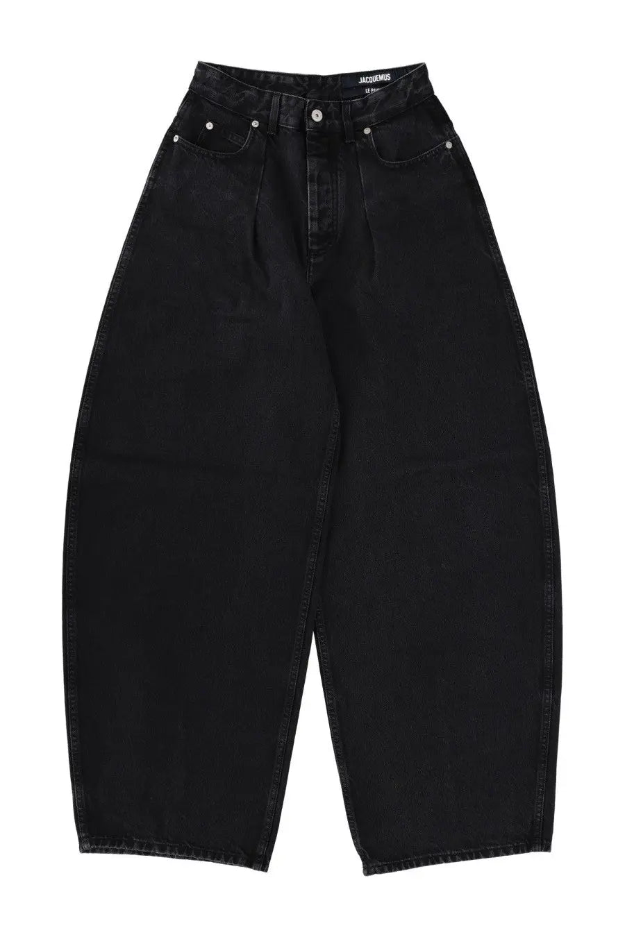 Jacquemus women’s jeans ovalo black high waisted wide leg denim jeans with relaxed straight cut and silver hardware