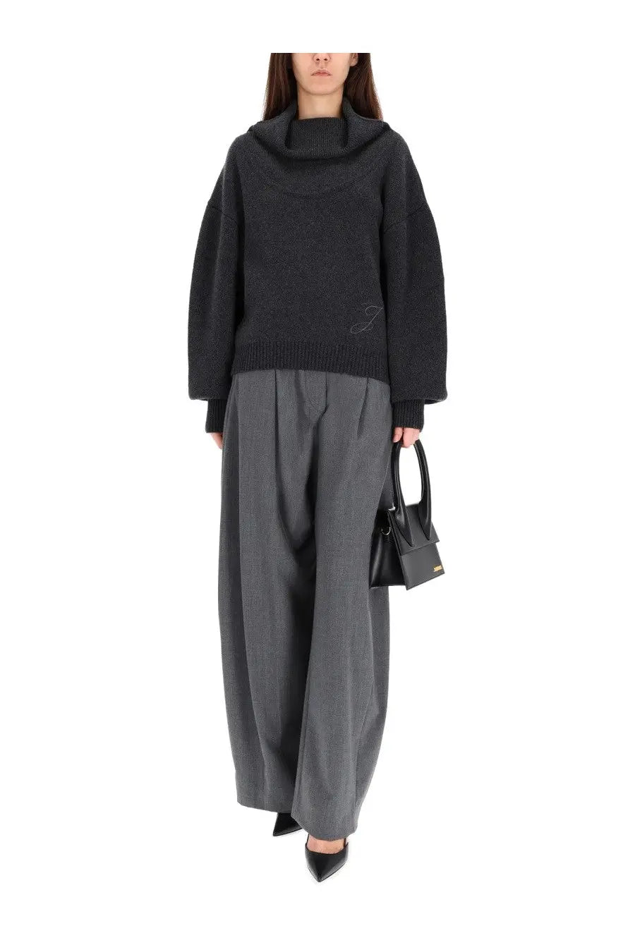 Black cowl-neck knit sweater with subtle embroidered logo from Jacquemus womens jersey ball grey collection