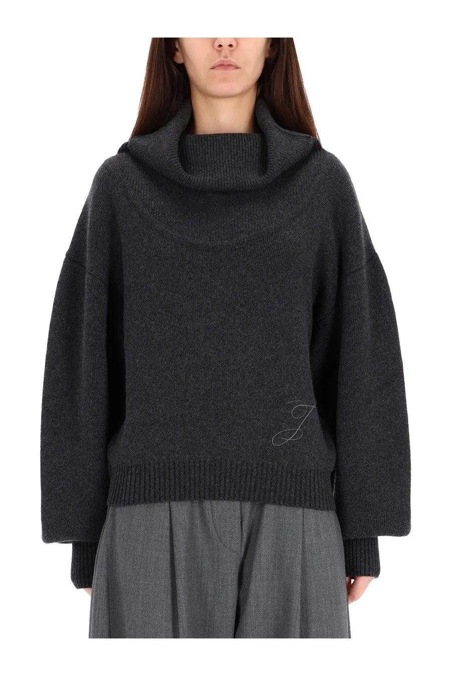 Dark gray cowl neck knit sweater with subtle embroidered logo on lower left side by jacquemus in jersey ball grey